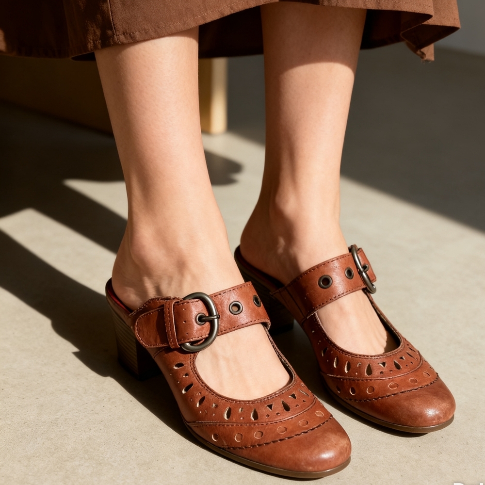 Mjus Brown Leather Clogs EU 38 Cutout Buckle Strap Comfort Heels Boho Casual